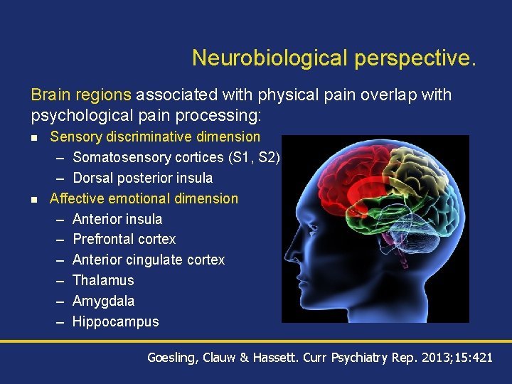 Neurobiological perspective. Brain regions associated with physical pain overlap with psychological pain processing: n