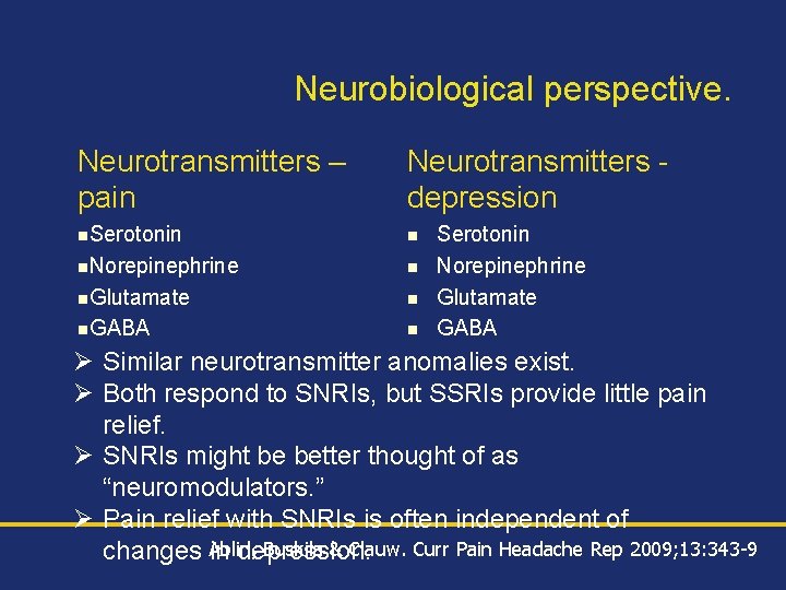 Neurobiological perspective. Neurotransmitters – pain Neurotransmitters depression n. Serotonin n n. Norepinephrine n n.
