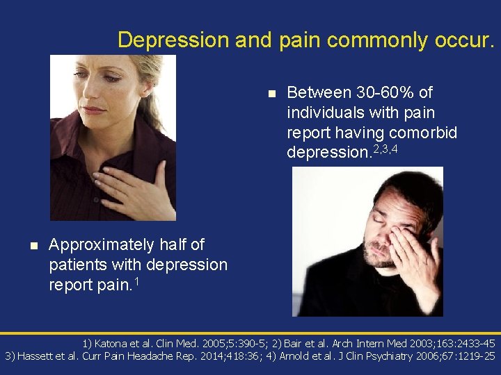 Depression and pain commonly occur. n n Between 30 -60% of individuals with pain