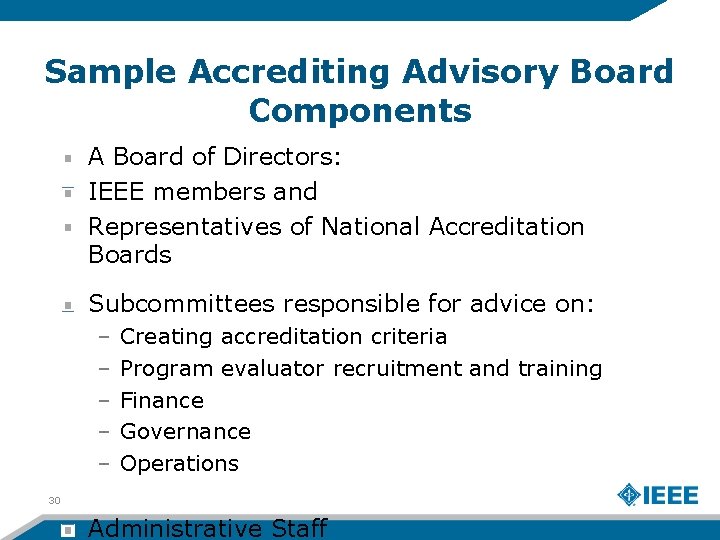 Sample Accrediting Advisory Board Components A Board of Directors: IEEE members and Representatives of