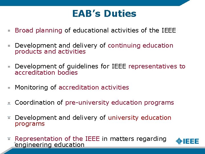 EAB’s Duties Broad planning of educational activities of the IEEE Development and delivery of