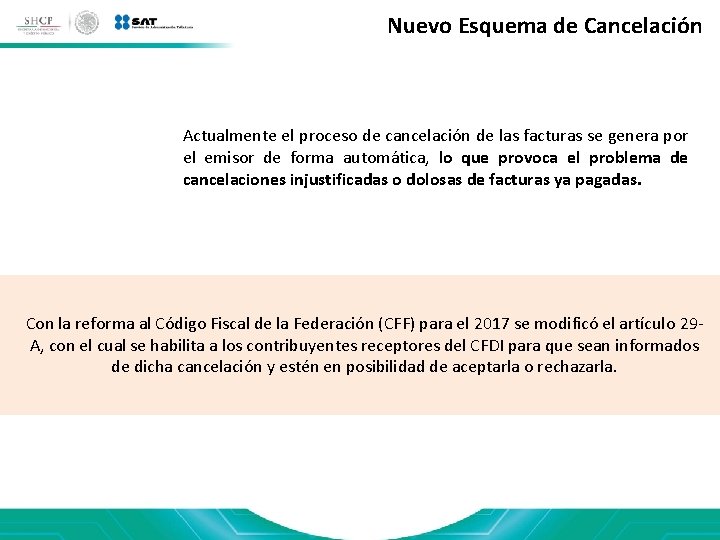 Nuevo Esquema de Cancelación Actualmente el proceso de cancelación de las facturas se genera