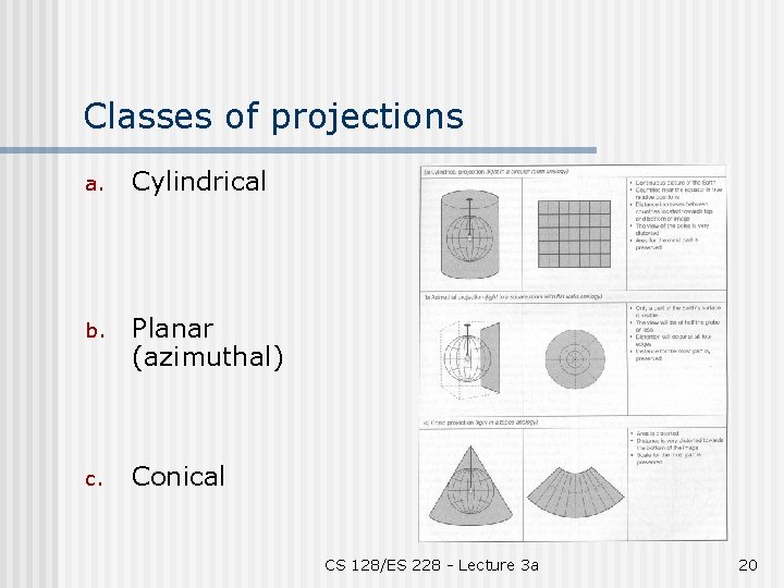 Classes of projections a. Cylindrical b. Planar (azimuthal) c. Conical CS 128/ES 228 -