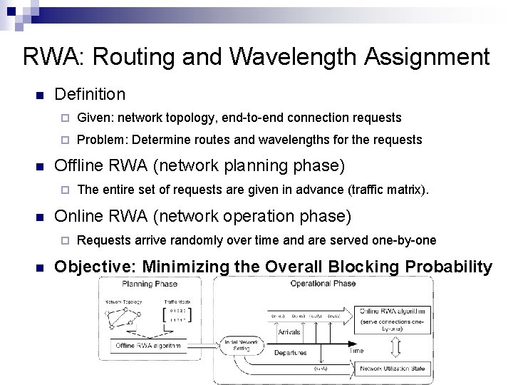 RWA: Routing and Wavelength Assignment n n Definition ¨ Given: network topology, end-to-end connection
