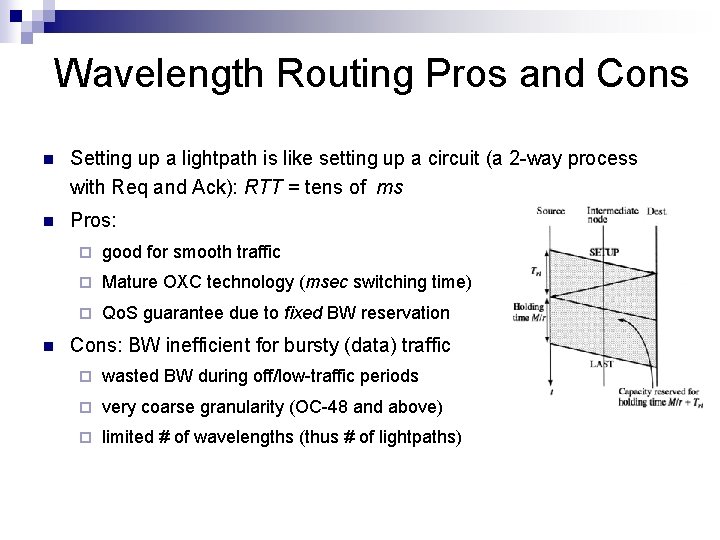 Wavelength Routing Pros and Cons n Setting up a lightpath is like setting up