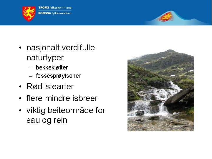  • nasjonalt verdifulle naturtyper – bekkekløfter – fossesprøytsoner • Rødlistearter • flere mindre