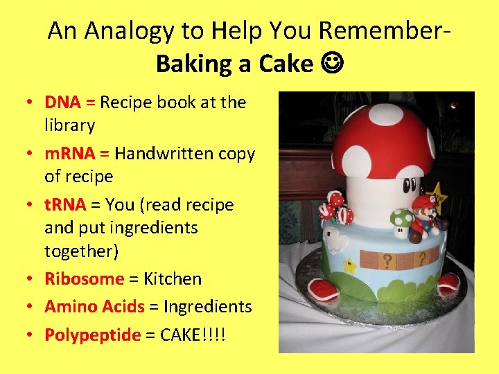 An Analogy to Help You Remember. Baking a Cake • DNA = Recipe book