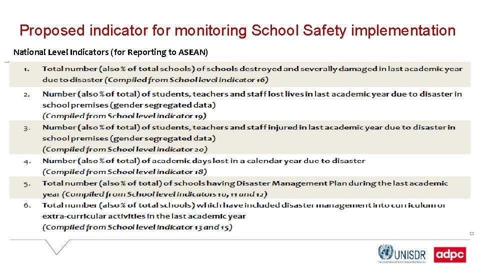 Proposed indicator for monitoring School Safety implementation National Level Indicators (for Reporting to ASEAN)