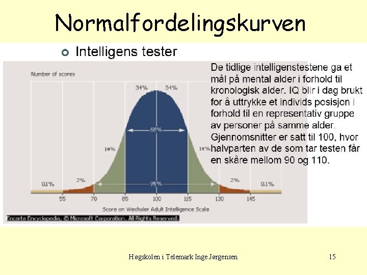 Normalfordelingskurven Høgskolen i Telemark Inge Jørgensen 15 