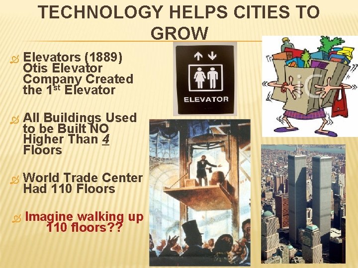 TECHNOLOGY HELPS CITIES TO GROW Elevators (1889) Otis Elevator Company Created the 1 st