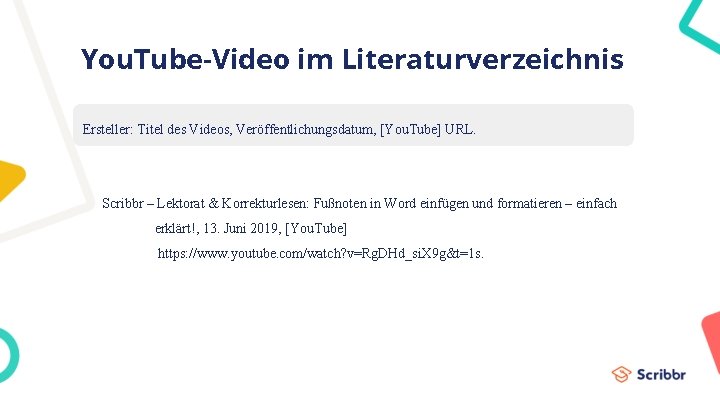 You. Tube-Video im Literaturverzeichnis Ersteller: Titel des Videos, Veröffentlichungsdatum, [You. Tube] URL. Scribbr –