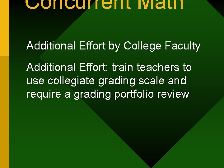 Concurrent Math Additional Effort by College Faculty Additional Effort: train teachers to use collegiate
