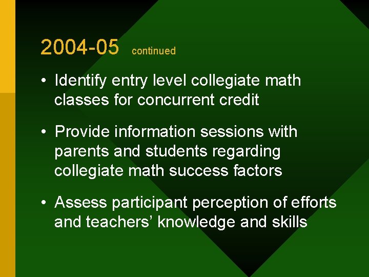2004 -05 continued • Identify entry level collegiate math classes for concurrent credit •
