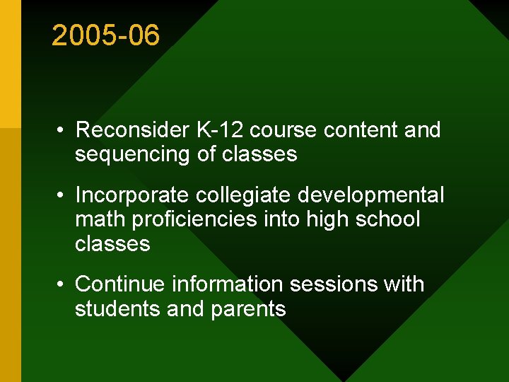 2005 -06 • Reconsider K-12 course content and sequencing of classes • Incorporate collegiate
