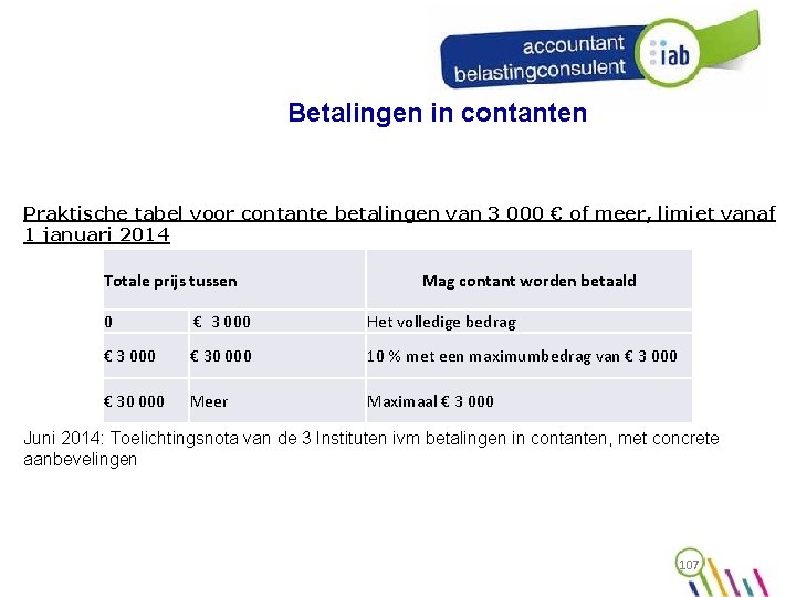 Betalingen in contanten Praktische tabel voor contante betalingen van 3 000 € of meer,