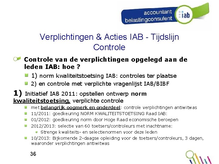 Verplichtingen & Acties IAB - Tijdslijn Controle van de verplichtingen opgelegd aan de leden