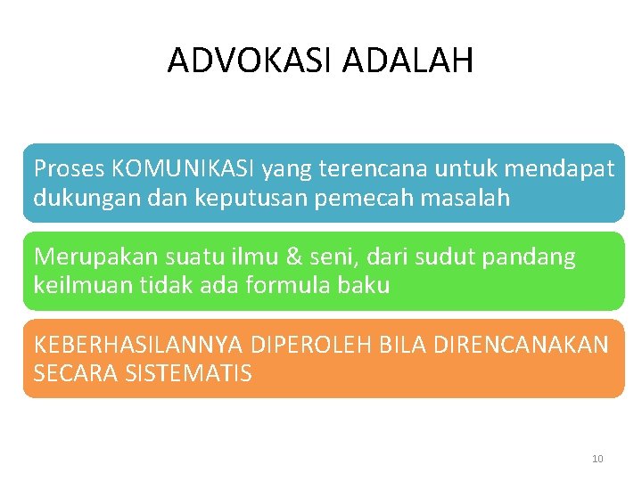 ADVOKASI ADALAH Proses KOMUNIKASI yang terencana untuk mendapat dukungan dan keputusan pemecah masalah Merupakan ADVOKASI ADALAH Proses KOMUNIKASI yang terencana untuk mendapat dukungan dan keputusan pemecah masalah Merupakan