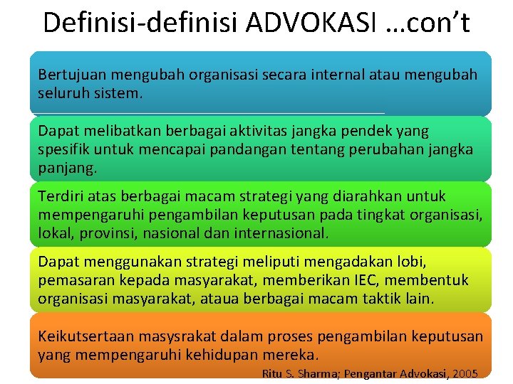 Definisi-definisi ADVOKASI …con’t Bertujuan mengubah organisasi secara internal atau mengubah seluruh sistem. Dapat melibatkan Definisi-definisi ADVOKASI …con’t Bertujuan mengubah organisasi secara internal atau mengubah seluruh sistem. Dapat melibatkan
