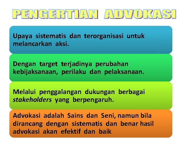 Upaya sistematis dan terorganisasi untuk melancarkan aksi. Dengan target terjadinya perubahan kebijaksanaan, perilaku dan Upaya sistematis dan terorganisasi untuk melancarkan aksi. Dengan target terjadinya perubahan kebijaksanaan, perilaku dan