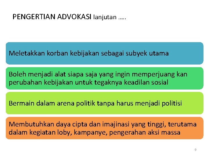 PENGERTIAN ADVOKASI lanjutan …. . Meletakkan korban kebijakan sebagai subyek utama Boleh menjadi alat PENGERTIAN ADVOKASI lanjutan …. . Meletakkan korban kebijakan sebagai subyek utama Boleh menjadi alat