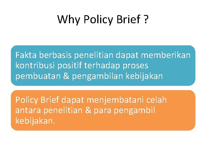Why Policy Brief ? Fakta berbasis penelitian dapat memberikan kontribusi positif terhadap proses pembuatan Why Policy Brief ? Fakta berbasis penelitian dapat memberikan kontribusi positif terhadap proses pembuatan