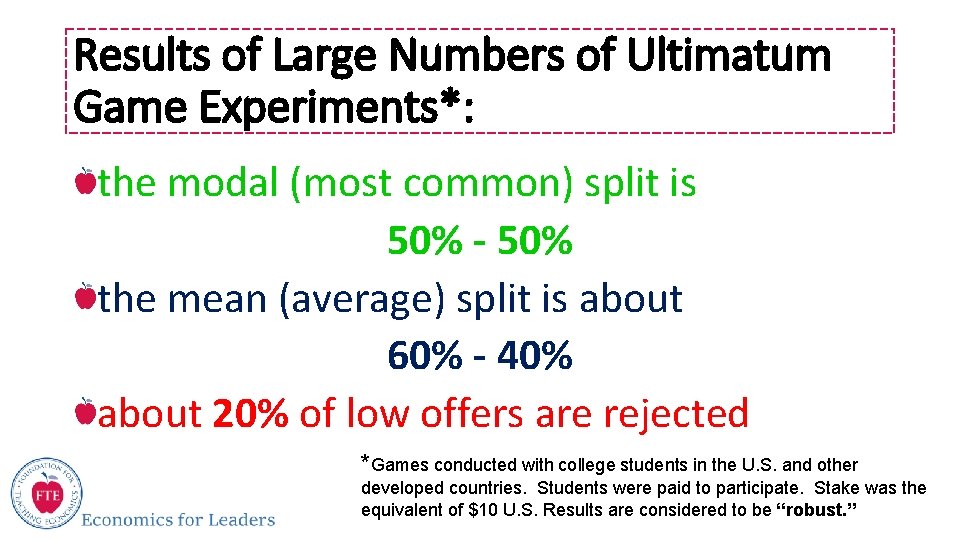 Results of Large Numbers of Ultimatum Game Experiments*: the modal (most common) split is