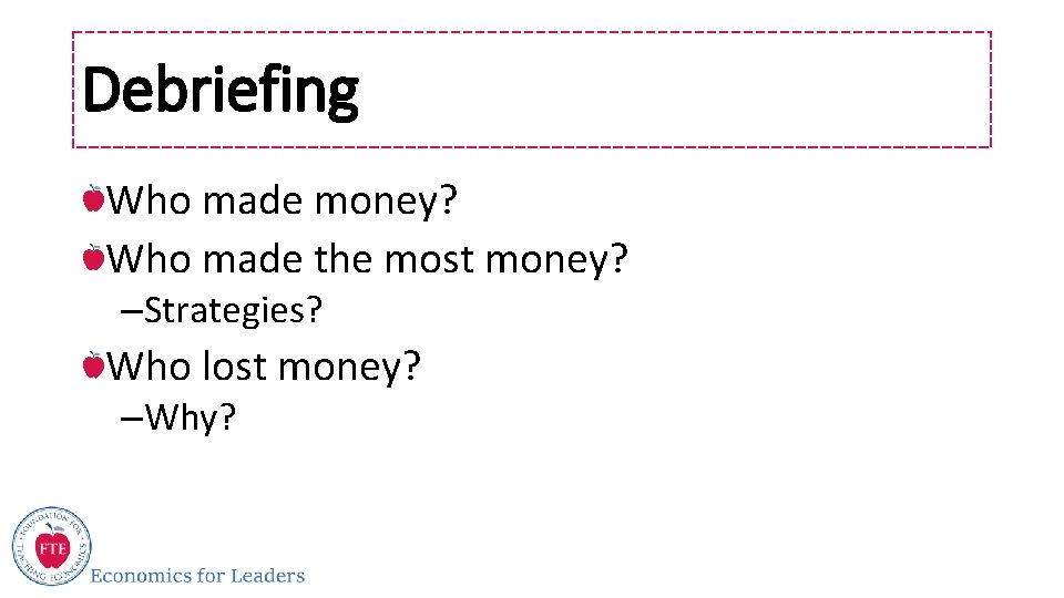 Debriefing Who made money? Who made the most money? –Strategies? Who lost money? –Why?