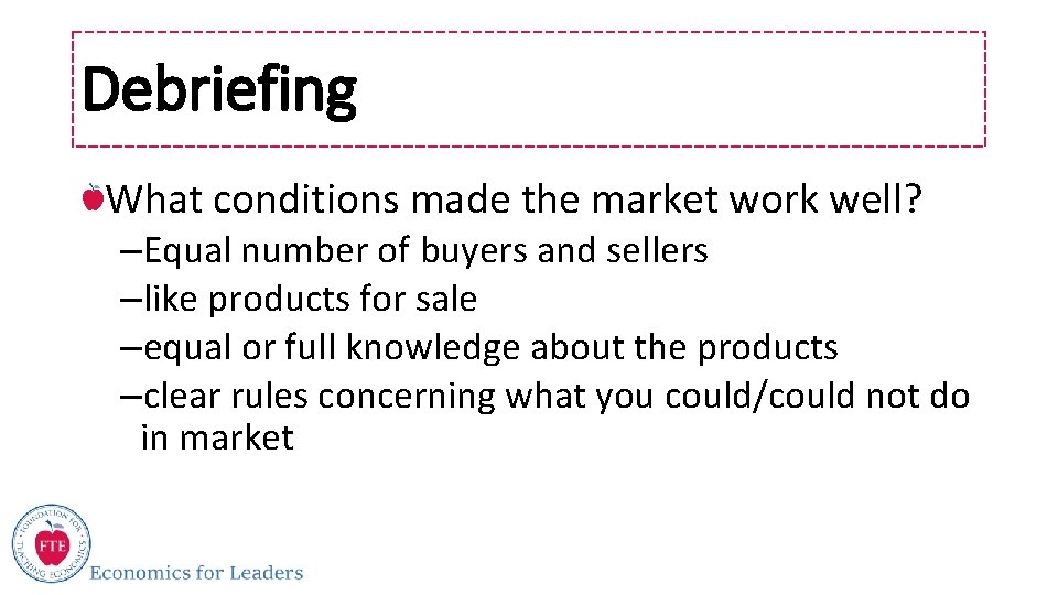 Debriefing What conditions made the market work well? –Equal number of buyers and sellers
