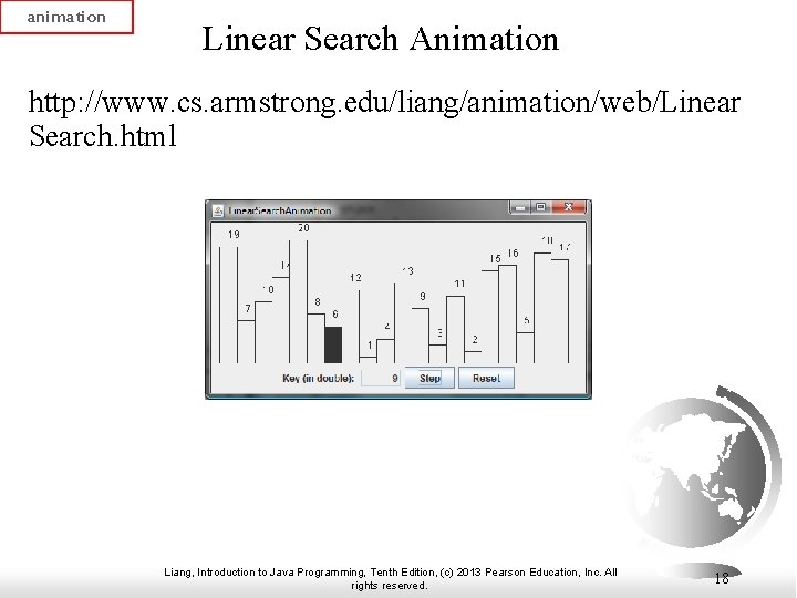 animation Linear Search Animation http: //www. cs. armstrong. edu/liang/animation/web/Linear Search. html Liang, Introduction to animation Linear Search Animation http: //www. cs. armstrong. edu/liang/animation/web/Linear Search. html Liang, Introduction to