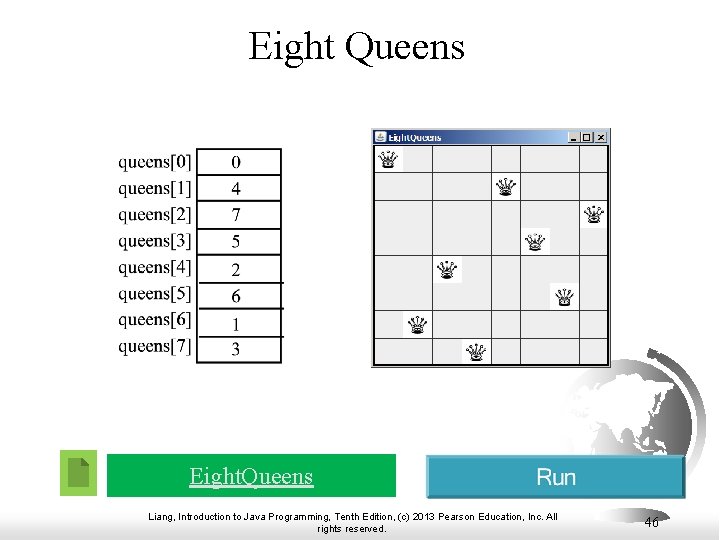 Eight Queens Eight. Queens Liang, Introduction to Java Programming, Tenth Edition, (c) 2013 Pearson Eight Queens Eight. Queens Liang, Introduction to Java Programming, Tenth Edition, (c) 2013 Pearson