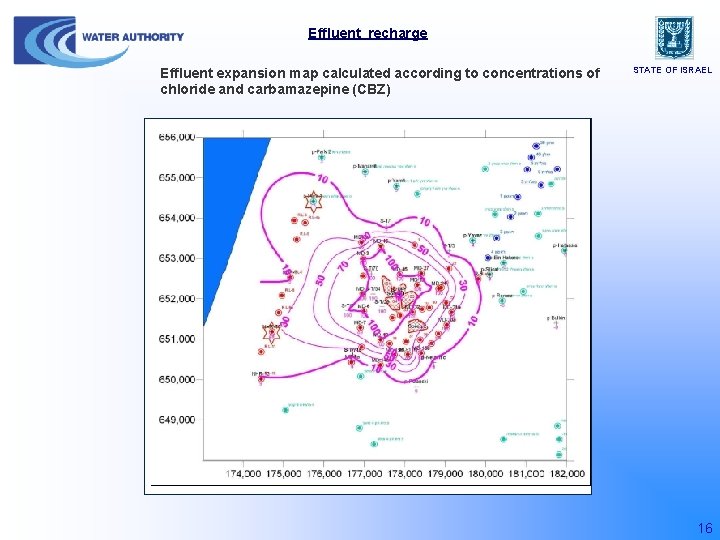 Effluent recharge Effluent expansion map calculated according to concentrations of chloride and carbamazepine (CBZ)