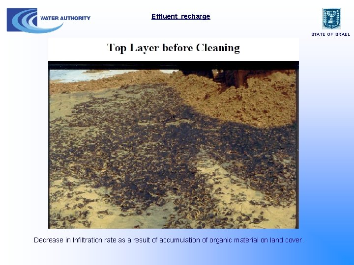 Effluent recharge STATE OF ISRAEL Decrease in Infiltration rate as a result of accumulation
