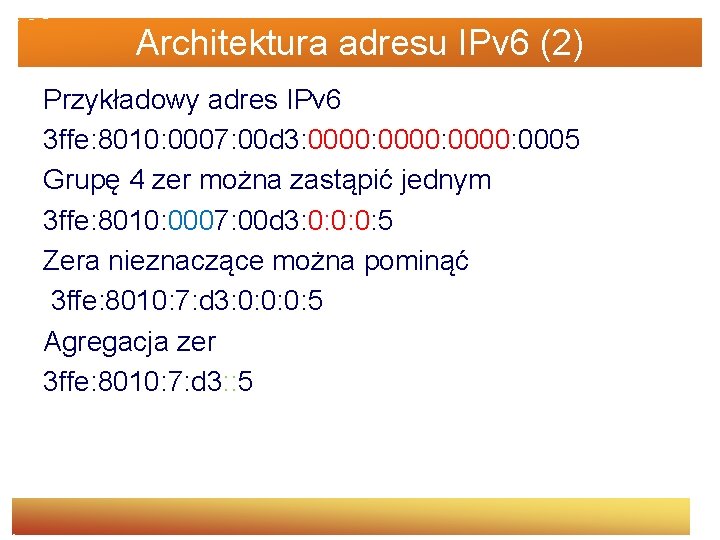 Architektura adresu IPv 6 (2) Przykładowy adres IPv 6 3 ffe: 8010: 0007: 00