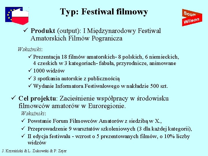 Typ: Festiwal filmowy ü Produkt (output): I Międzynarodowy Festiwal Amatorskich Filmów Pogranicza Wskaźniki: ü