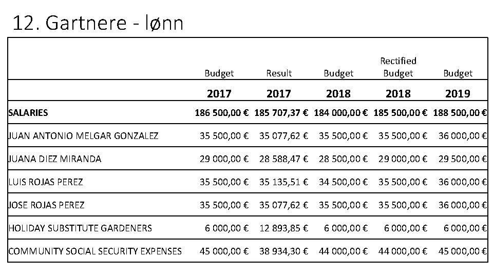 12. Gartnere - lønn SALARIES Budget Result Budget Rectified Budget 2017 2018 Budget 2019
