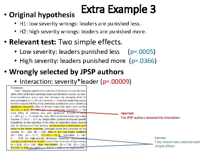  • Original hypothesis Extra Example 3 • H 1: low severity wrongs: leaders
