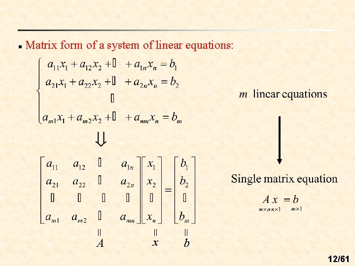 n Matrix form of a system of linear equations: x = = = A