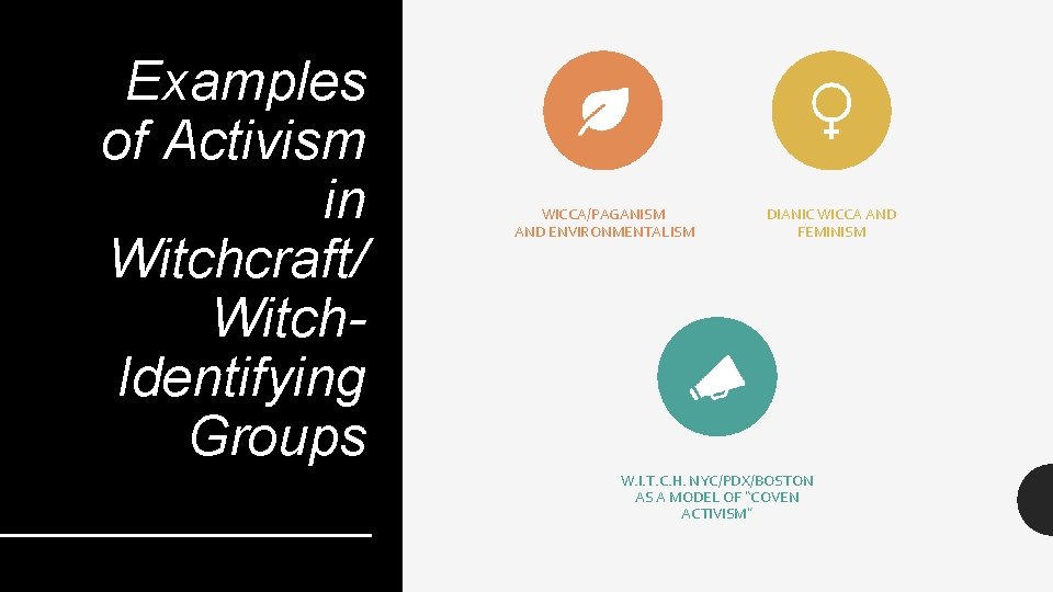 Examples of Activism in Witchcraft/ Witch. Identifying Groups WICCA/PAGANISM AND ENVIRONMENTALISM DIANIC WICCA AND