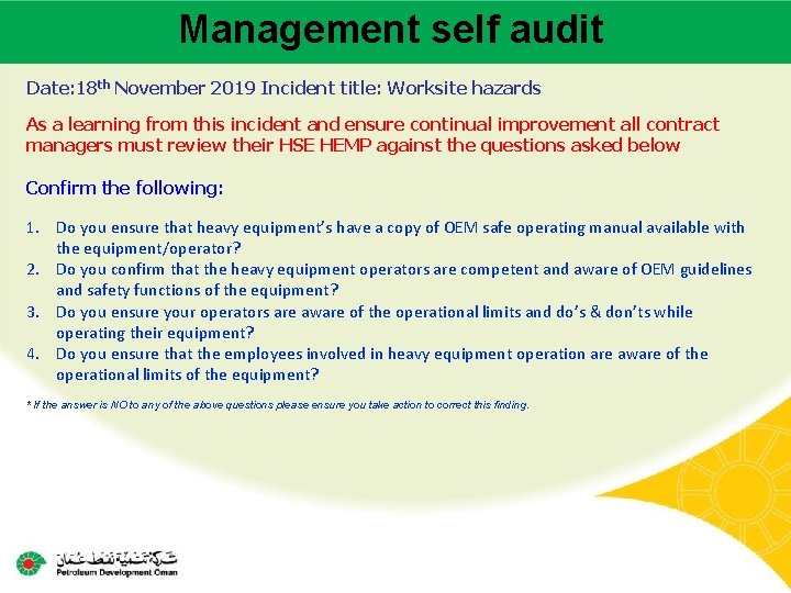 Management self audit Main contractor name – LTI# - Date of incident Date: 18