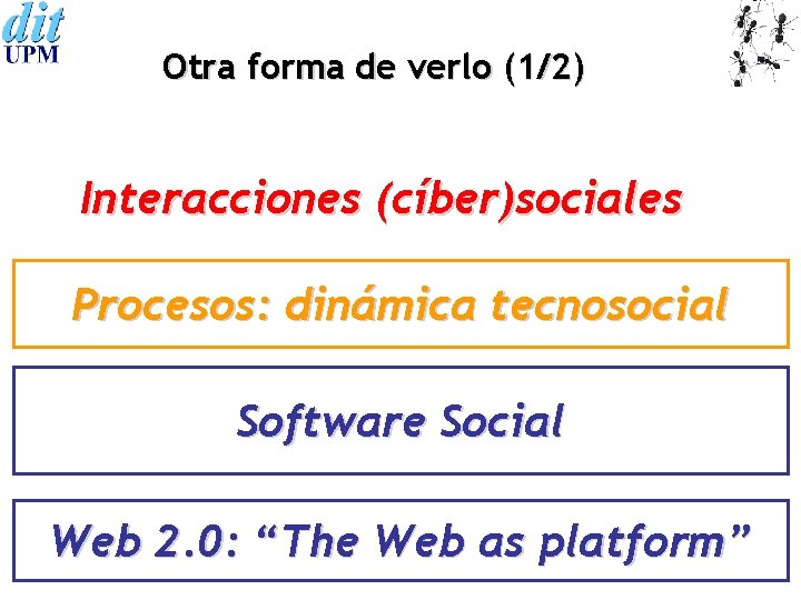 Otra forma de verlo (1/2) Interacciones (cíber)sociales Procesos: dinámica tecnosocial Software Social Web 2.