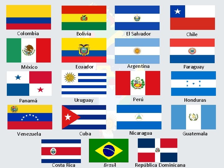 Colombia Bolivia El Salvador Chile México Ecuador Argentina Paraguay Panamá Uruguay Perú Honduras Venezuela