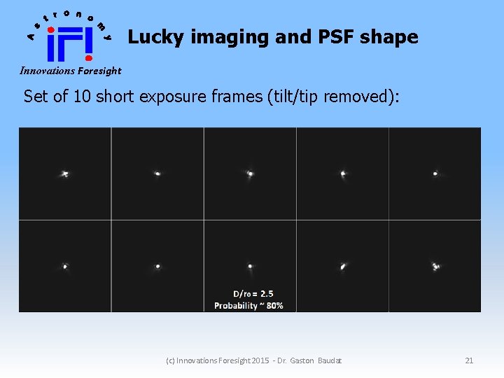 Lucky imaging and PSF shape Innovations Foresight Set of 10 short exposure frames (tilt/tip