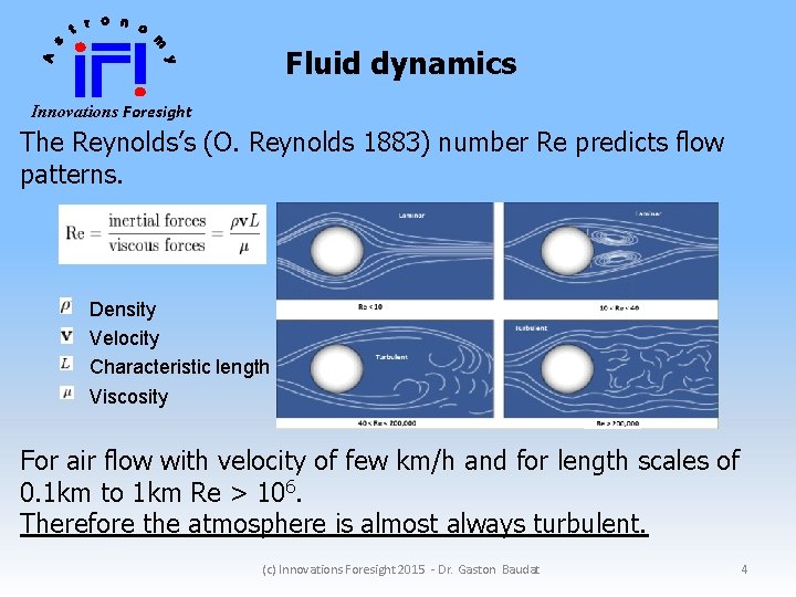 Fluid dynamics Innovations Foresight The Reynolds’s (O. Reynolds 1883) number Re predicts flow patterns.