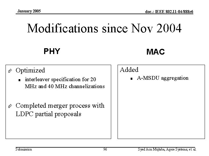 January 2005 doc. : IEEE 802. 11 -04/888 r 6 Modifications since Nov 2004