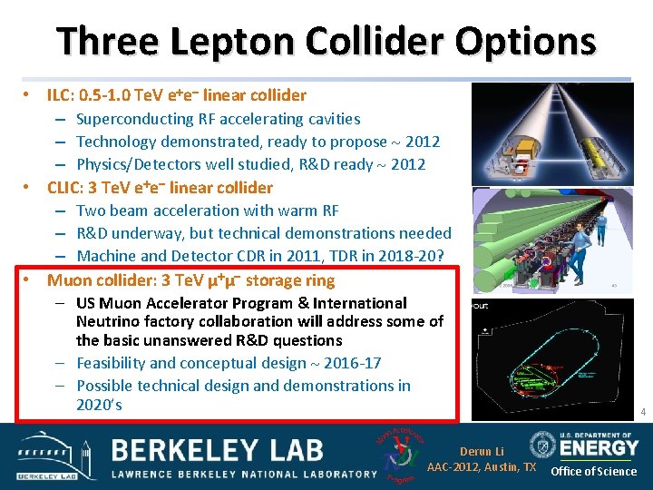 Three Lepton Collider Options • ILC: 0. 5 -1. 0 Te. V e+e- linear