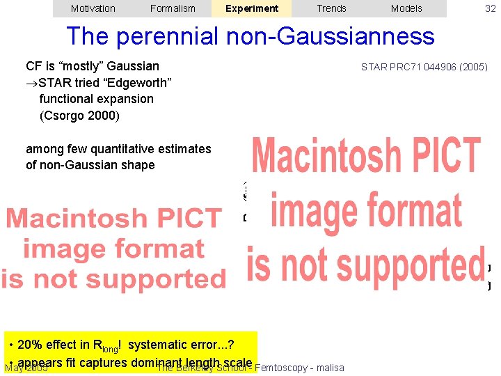 Motivation Formalism Experiment Trends 32 Models The perennial non-Gaussianness CF is “mostly” Gaussian STAR