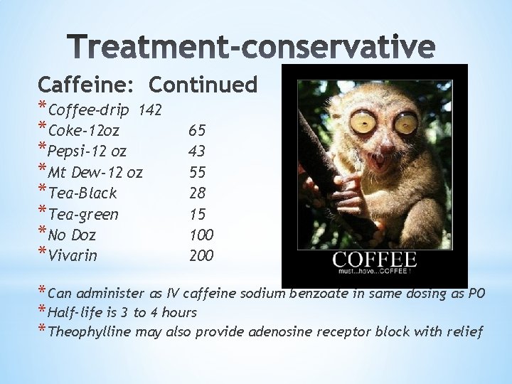 Caffeine: Continued *Coffee-drip 142 *Coke-12 oz *Pepsi-12 oz *Mt Dew-12 oz *Tea-Black *Tea-green *No