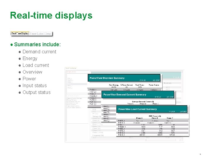 Real-time displays ● Summaries include: ● Demand current ● Energy ● Load current ●