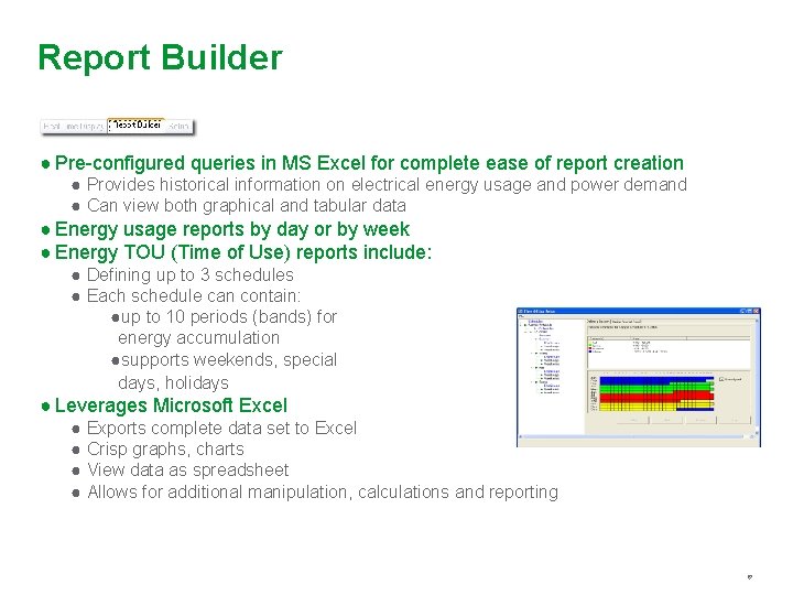 Report Builder ● Pre-configured queries in MS Excel for complete ease of report creation