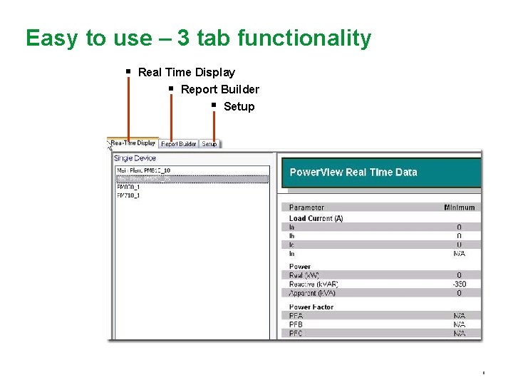Easy to use – 3 tab functionality § Real Time Display § Report Builder